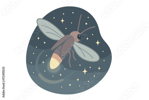 Glowing Night Firefly. Isometric vector illustration set firefly glow night signal: firefly with glowing abdomen, hovering in