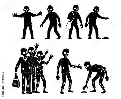 Vector art of creepy zombie silhouettes, a spooky collection of undead figures for halloween designs