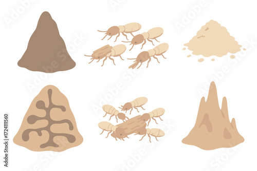 Termite Colony Illustration. Isometric vector illustration set termite mound wood decompose: termite hill silhouette, worker