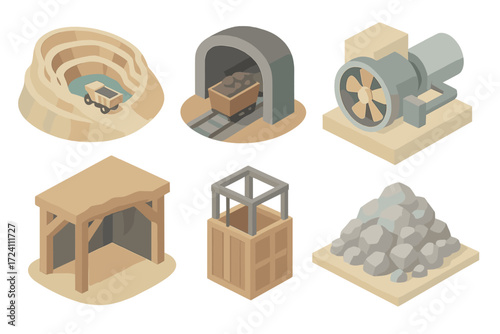 Isometric Mining Scenes. Isometric vector illustration set Mining site scenes: open pit mine terraced, underground tunnel shaft,