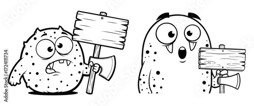 Vector art of two cartoon monsters holding signs and axes, expressing different emotions and expressions