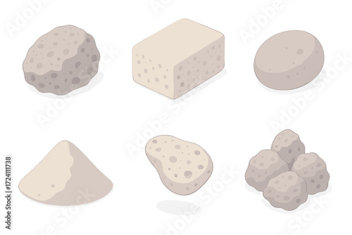 Pumice Forms Collection. Isometric vector illustration set Pumice natural forms: raw pumice stone gray, white pumice block,