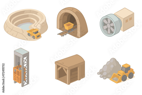 Isometric Mining Scenes. Isometric vector illustration set Mining site scenes: open pit mine terraced, underground tunnel shaft,