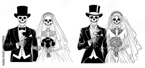 Vector art of two skeleton couples in wedding attire, a spooky and unique wedding illustration