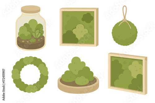 Moss Decor Collection. Isometric vector illustration set Moss decor & crafts: moss terrarium jar, moss wall frame, moss kokedama