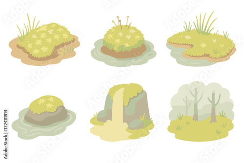 Mossy Wetland Vistas. Isometric vector illustration set Moss in wetland landscapes: bog with sphagnum moss, swamp moss hummock,