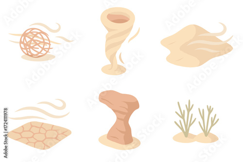 Desert Wind Patterns. Isometric vector illustration set Desert wind patterns: gust blowing tumbleweed, dust devil whirlwind, sand