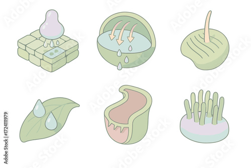Plant Digestion Anatomy. Isometric vector illustration set Plant anatomy for digestion: digestive gland cells, enzyme secretion