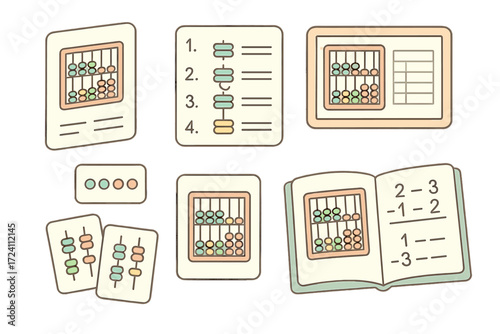 Abacus Learning Materials. Isometric vector illustration set Abacus teaching materials: illustrated instruction card, step-by-step