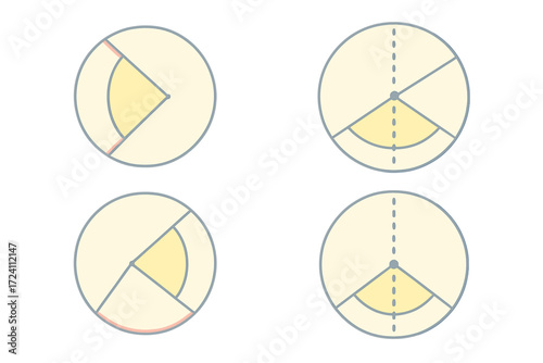 Inscribed Angle Theorem Diagram. Isometric vector illustration set Inscribed Angle Theorem: circle with chord segment, inscribed