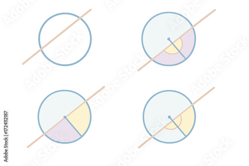 Tangent and Secant Diagram. Isometric vector illustration set Tangent Secant Angle Theorem: circle outline, tangent line touching
