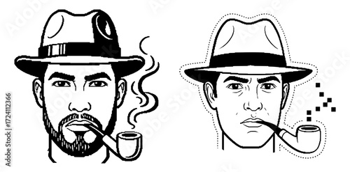 Vector art of man smoking pipe in vintage style with hat and beard illustration