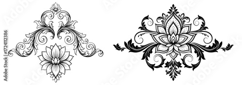 Vector art of two decorative floral corner design elements, featuring intricate details and elegant swirls
