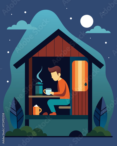 A sleepy digital nomad emerges from their cozy sleeping nook to the smell of fresh coffee brewing on their mini stove set up on the edge of their raft house.. Vector illustration