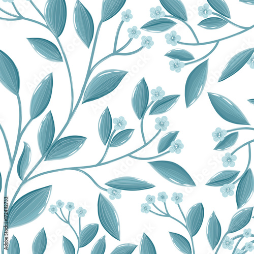 Vector illustration of delicate blue flowers and leaves on a white background, ideal for design projects requiring a subtle, natural aesthetic