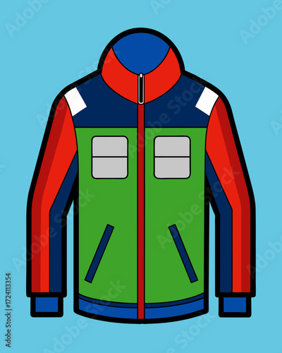 A versatile jacket with integrated solar panels allowing you to charge your devices while exploring the great outdoors.. Vector illustration