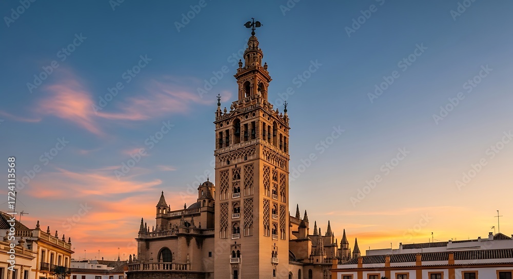 Fototapeta premium The Giralda of Seville Spain, Bathed in the warm hues of a sunset