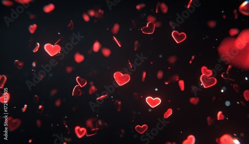 Abstract digital hearts falling on dark background