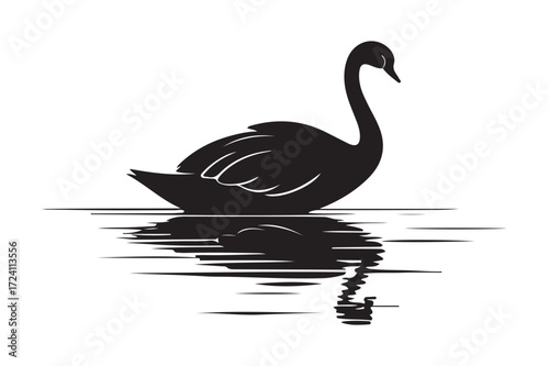 Elegant black swan silhouette floating on rippling water