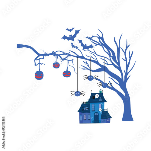 Halloween scene with haunted trees, bats, pumpkins, spiders and haunted houses.