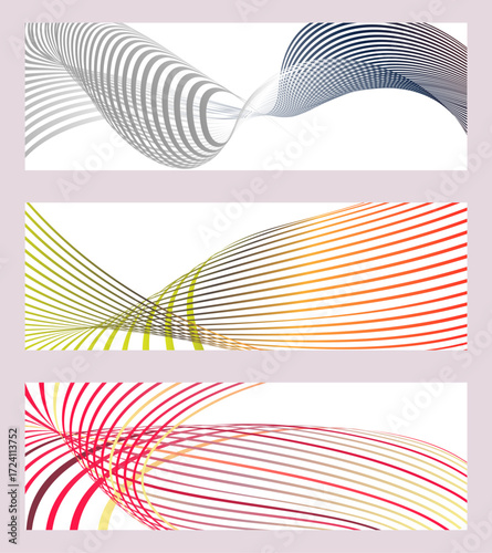 Wavy lines or ribbons. Set of 3 backgrounds. Multicolored striped gradient. Creative unusual background with abstract gradient wave lines to create a trendy banner, poster. vector eps