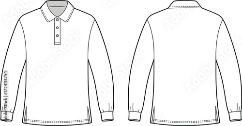Men’s long sleeve polo shirt CAD drawing, technical fashion flat sketch template, apparel design vector, clothing CAD illustration, polo shirt outline, sewing flat fashion sketch