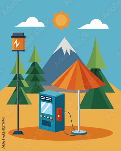 A solarpowered kiosk at a campground offering a way for campers to charge their devices while they enjoy the great outdoors.. Vector illustration