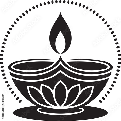 Traditional Hindu Oil Lamp Diya Vector | Black and White Silhouette Illustration | Puja Worship Spiritual Icon