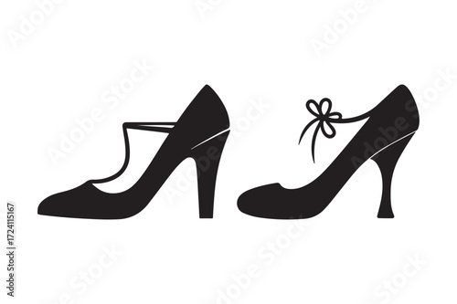 Elegant black silhouette high heel shoes with straps and bow
