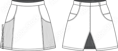 Women’s skirt CAD template, A-line skirt with pockets fashion flat, skirt technical drawing vector, skirt sewing flat sketch, skirt CAD design with back slit illustration