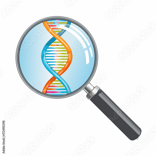 Lupa powiększająca helisę DNA. Koncepcja badań genetycznych, nauki, biotechnologii i analizy laboratoryjnej.