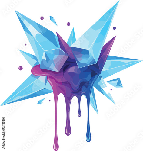 Abstract illustration of melting ice crystals dripping purple and blue liquid, symbolizing change and transformation with a fluid artistic style