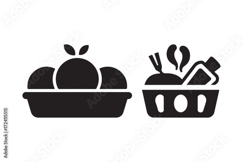 Two baskets filled with fresh produce icons