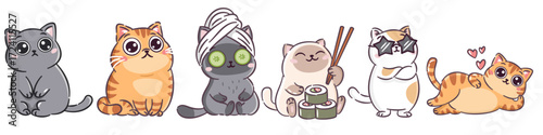 A vector set of illustrations in a childlike style. Cute cats in different poses and with different emotions on a white background. . Vector illustration