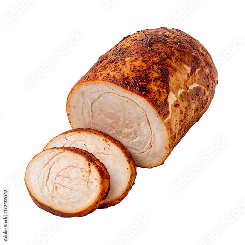 Smoked turkey breast sliced thin isolated on transparent background