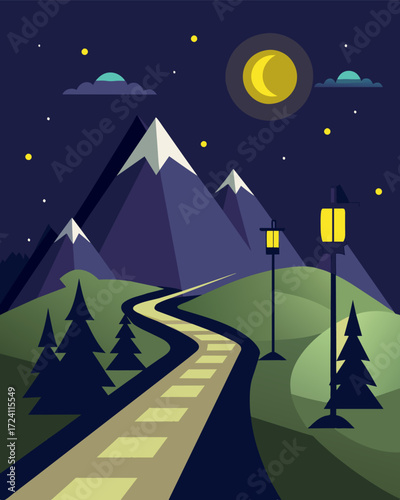 A remote hiking trail illuminated by solarpowered streetlights allowing adventurers to safely explore the wilderness at night.. Vector illustration