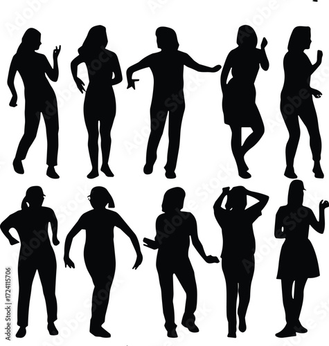 Set of ten black silhouette icons of people in various standing poses showing gesture, movement, and body language diversity