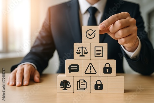 Corporate governance concept with businessman stacking wooden blocks representing law balance compliance security policy legal risk management trust regulation control success