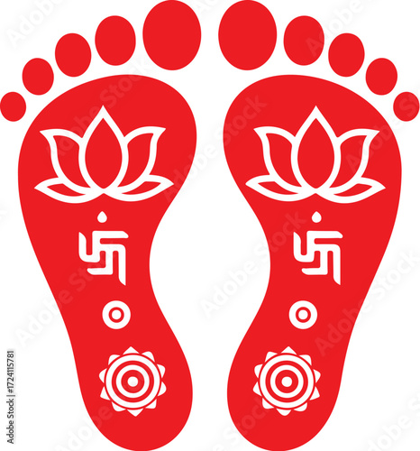 Goddess Footprints Vector | Black White Line Art Silhouette | Hindu Devi Padachinno Sacred Feet with Lotus, Swastika, Chakra | Spiritual Worship Puja Symbol Illustration