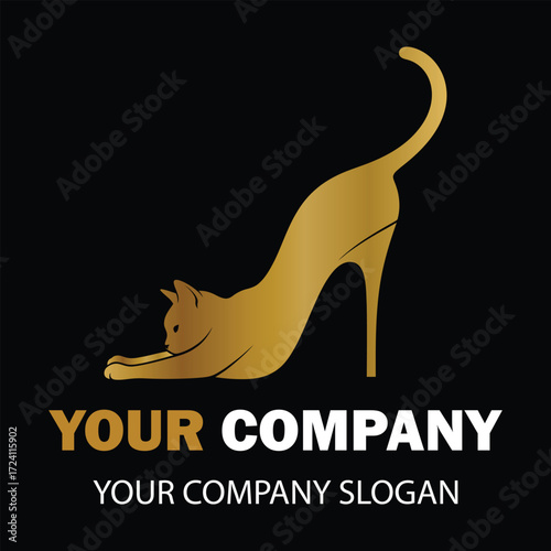 Elegant golden cat stiletto heel logo design vector