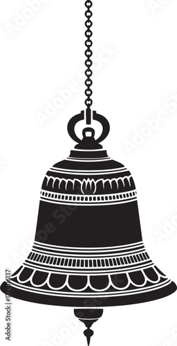Hindu Temple Bell Ghanta Vector Design | Black and White Line Art | Spiritual Worship Ritual Symbol Illustration