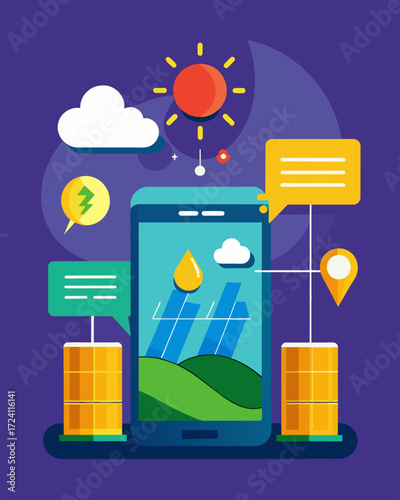 A userfriendly app that sends notifications when the solar energy production exceeds a certain threshold ensuring that no excess energy goes to waste.. Vector illustration