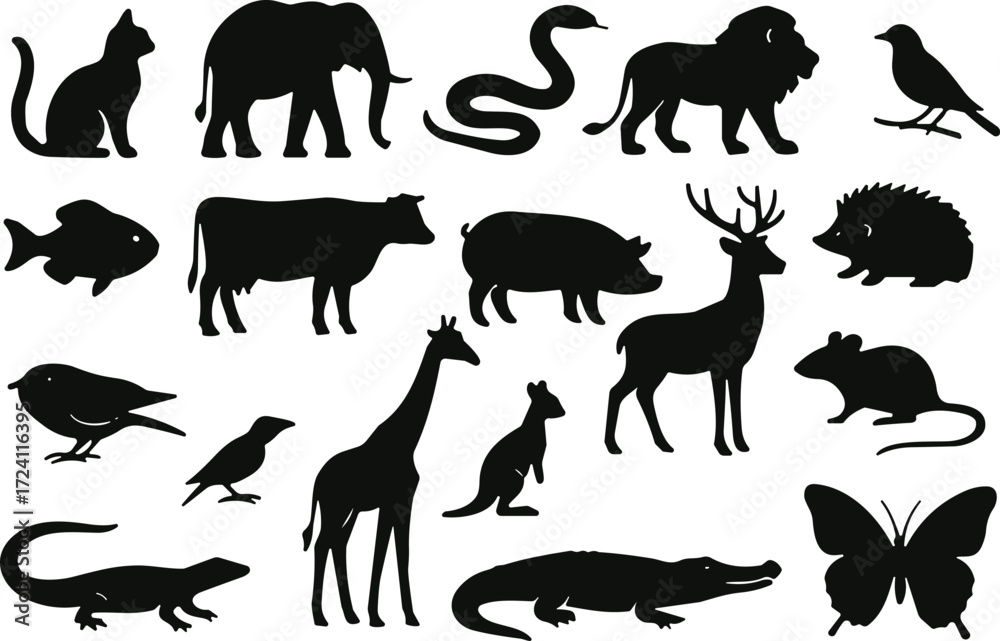 Naklejka premium Set of black silhouette icons of various animals including domestic, wild, aquatic, and flying species for educational or design use