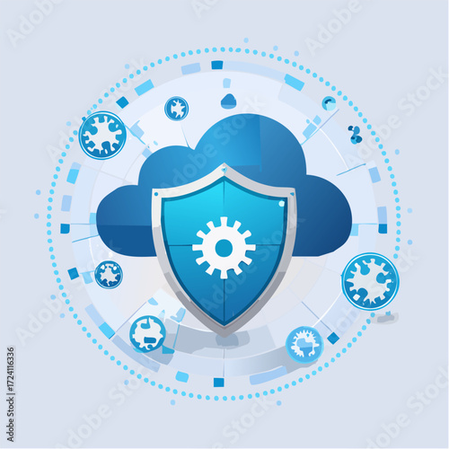 Koncepcja cyberbezpieczeństwa i ochrony danych w chmurze. Tarcza chroniąca technologię cloud computing.