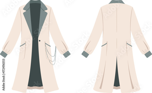 Long coat CAD template, women’s overcoat fashion flat sketch, trench style outerwear vector, contrast lapel coat CAD drawing, pocket chain detail coat fashion design