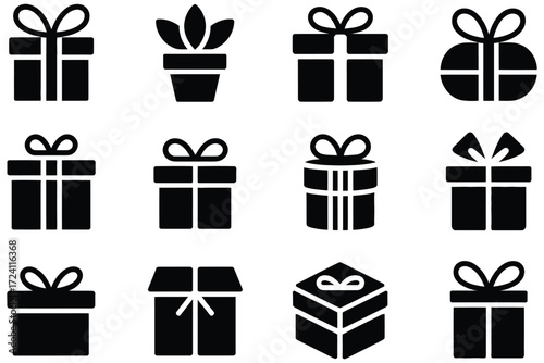 A versatile set of 12 black and white minimalist gift box icons, perfect for holidays and celebrations