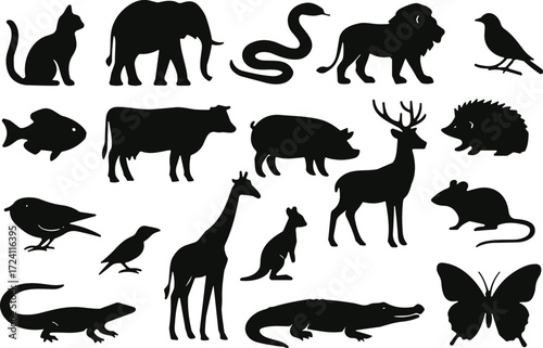 Set of black silhouette icons of various animals including domestic, wild, aquatic, and flying species for educational or design use