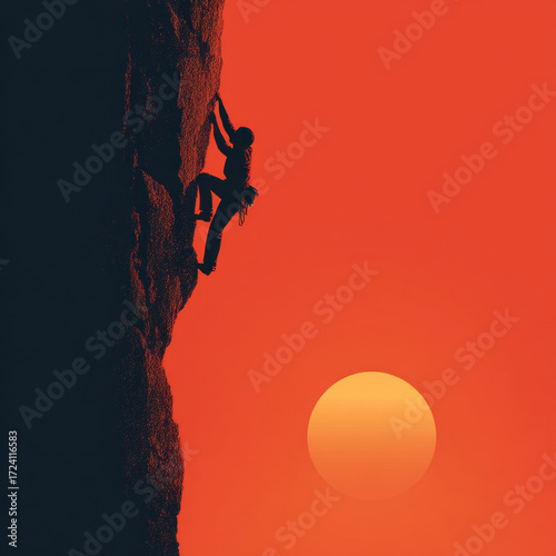 Climber ascending rock face at sunset with vibrant orange sky and bold silhouette creating dramatic atmosphere in nature's breathtaking landscape.