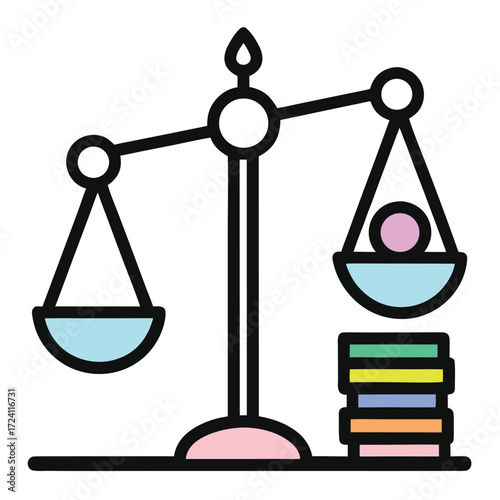 Scales of justice balancing a person against stacked books.