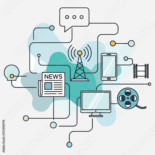 Communication and Media Network A Detailed Illustration of Digital Connectivity and Information Flow